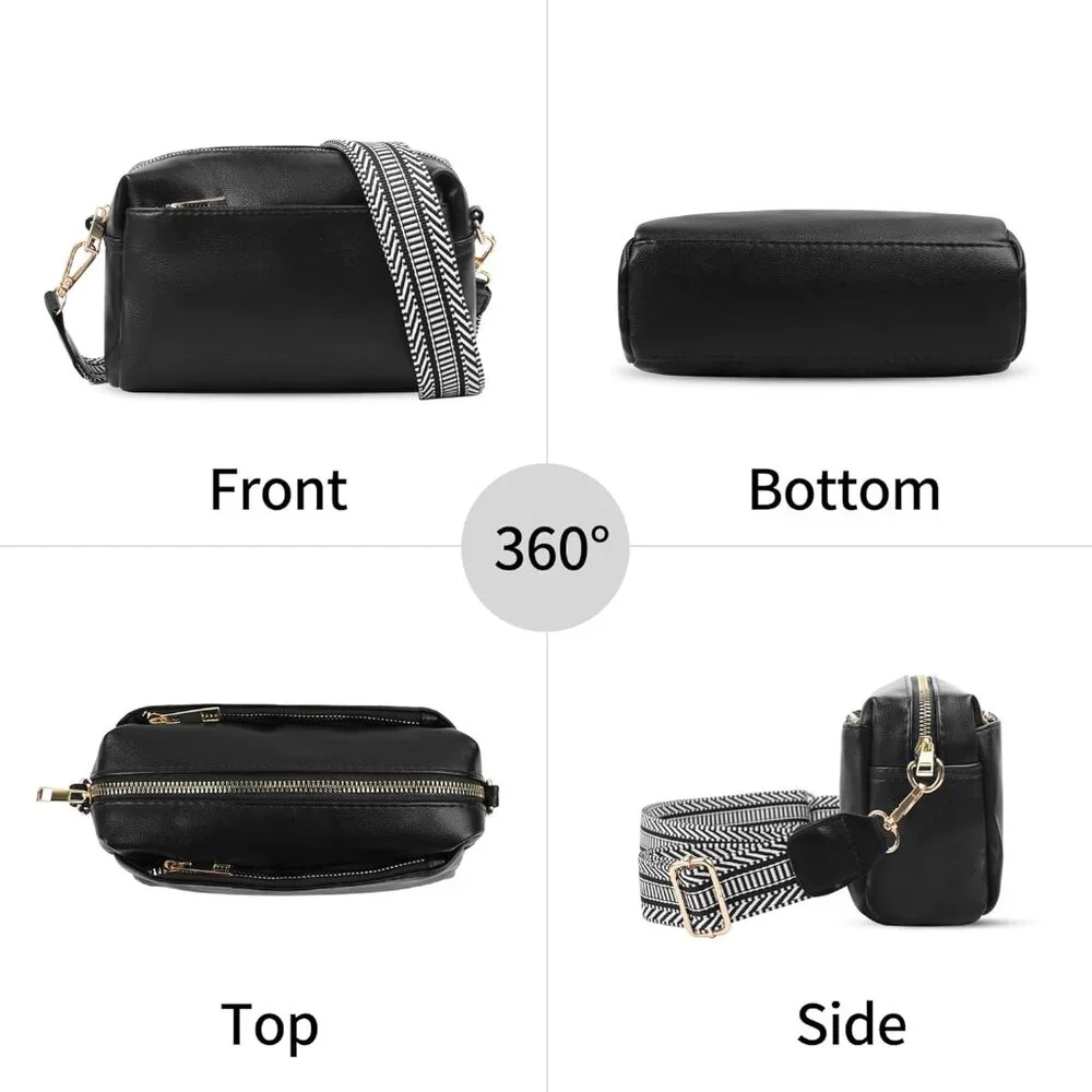 💫 Women Black Leather Cross body Purse Triple Zip Ajustable Strap Shoulder Bag